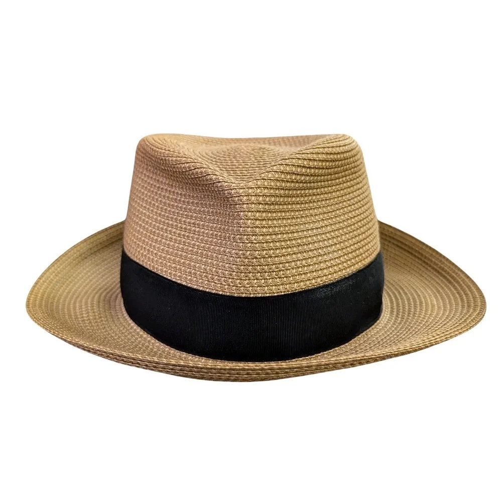 Eric Javits Squishee Classic Fedora Straw Hat Tan Black UPF 50+ - Picture 3 of 11
